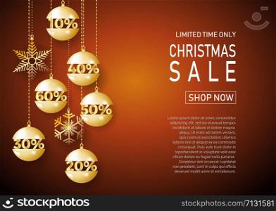 Christmas holiday sale on orange background with snow. Limited time only. Template for a banner, shopping, discount. Vector illustration for your design