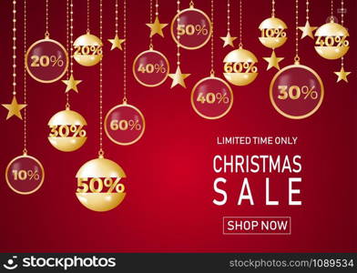 Christmas holiday sale on red background with star. Limited time only. Template for a banner, shopping, discount. Vector illustration for your design