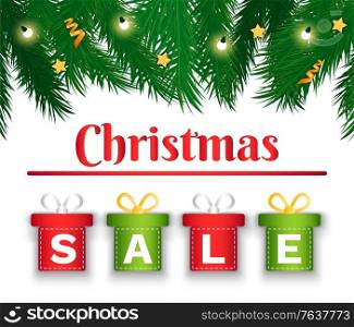 Christmas holiday sale, special offers and discounts on gifts. Vector red and green boxes with presents inside and tied with ribbon. Fir branches with lamps on garland. Caption on white background. Christmas Sale, Special Offer in Store Gift Boxes