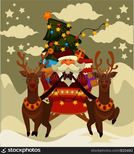 Christmas holiday Santa Claus and deers with sleigh fairy character and fir or spruce Decorated Xmas tree harness animals and old man flying over winter snowy forest cartoon vector illustrations.. Santa Claus and deers with sleigh flying over winter snowy forest