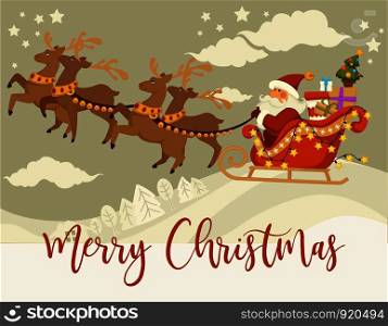 Christmas holiday Santa Claus and deers with sleigh fairy character and fir or spruce Decorated Xmas tree harness animals and old man flying over winter snowy forest cartoon vector illustrations.. Santa Claus and deers with sleigh flying over winter snowy forest