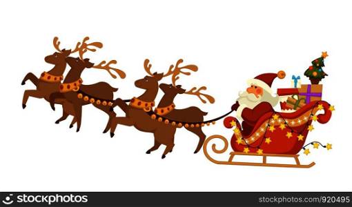 Christmas holiday Santa Claus and deers with sleigh fairy character and fir or spruce Decorated Xmas tree harness animals and old man flying cartoon vector illustrations.. Santa Claus and deers with sleigh flying over winter snowy forest