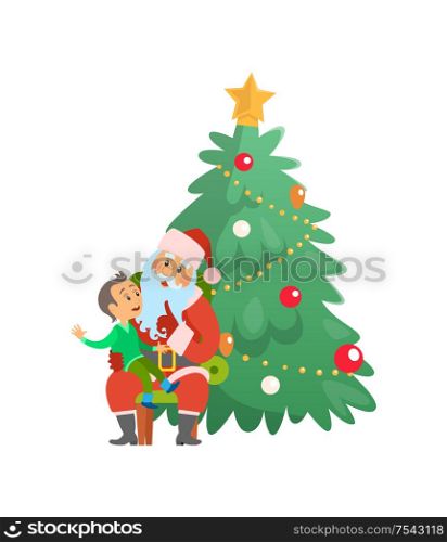 Christmas holiday Santa Claus and small boy sitting on lap vector. Winter holidays celebrated by evergreen pine tree decorated with star and baubles. Christmas Holiday Santa Claus and Small Boy on Lap
