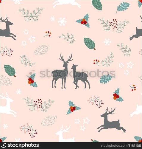 Christmas holiday seamless pattern with deer family,floral,berries,branches.Perfect for decorative,apparel,fashion,fabric,textile,print or wrapping paper,vector illustration