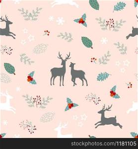 Christmas holiday seamless pattern with deer family,floral,berries,branches.Perfect for decorative,apparel,fashion,fabric,textile,print or wrapping paper,vector illustration