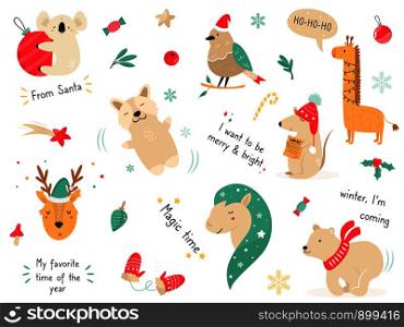 Christmas holiday set with hand drawn animals. Collection of card and tags with cute characters. Christmas holiday set with hand drawn animals.