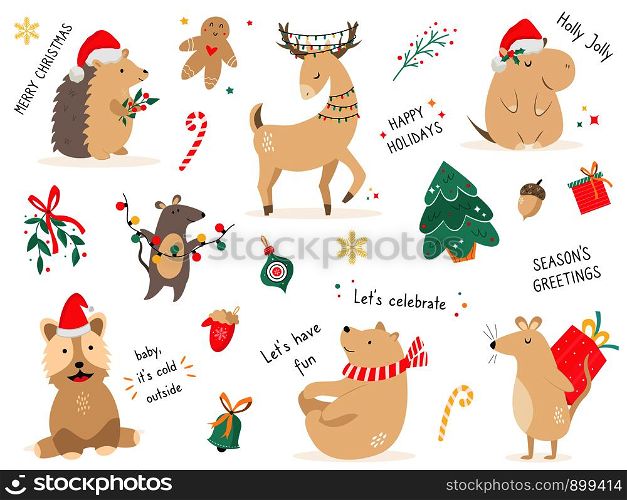 Christmas holiday set with hand drawn animals. Collection of cute characters. Christmas holiday set with hand drawn animals.
