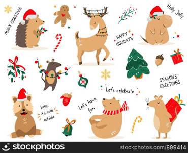 Christmas holiday set with hand drawn animals. Collection of cute characters. Christmas holiday set with hand drawn animals.
