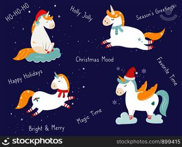 Christmas holiday set with hand drawn unicorns. Collection of card and tags with cute characters. Set of Christmas unicorns in holiday clothes