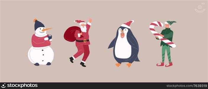 Christmas holiday set with Santa, elf, penguin and snowman. New Year greeting card. Winter festive Vector cartoon illustration. Christmas holiday set with Santa, elf, penguin and snowman. New Year greeting card. Winter festive Vector cartoon