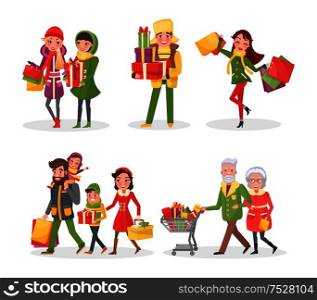Christmas holiday shopping, family and friends vector. Children with parents carrying brought paper bags and presents on winter event celebration. Christmas Holiday Shopping, Family and Friends