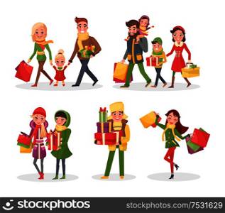 Christmas holiday shopping, family and friends vector. Children with parents carrying brought paper bags and presents on winter event celebration. Christmas Holiday Shopping, Family and Friends