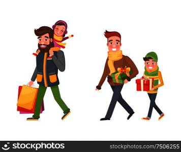 Christmas holiday shopping, father and children spending time together vector. Dad and son carrying present, gift box decorated with red ribbon bow. Christmas Holiday Shopping, Father and Children