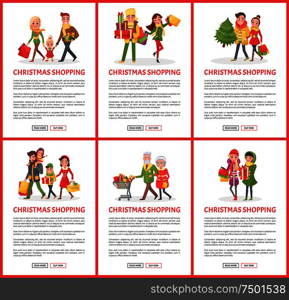 Christmas holiday shopping web pages with text sample vector on white background. Grandparents pulling trolley filled with gifts and presents, family and happy people. Christmas Holiday Shopping Web Pages with Text