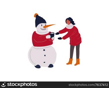 Christmas holiday Snowman which give cacao to girl . New Year greeting card. Vector cartoon illustration. Christmas holiday Snowman which give cacao to girl . New Year greeting card. Vector cartoon