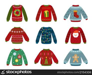 Christmas holiday sweater. Ugly sweaters, xmas jumper. Flat winter warm clothes with festive elements. Isolated new year objects recent vector set. Illustration of winter sweater decoration to holiday. Christmas holiday sweater. Ugly sweaters, xmas jumper. Flat winter warm clothes with festive elements. Isolated new year objects recent vector set