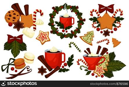 Christmas holiday symbols, cookies and hot drinks vector. Cinnamon and candy lollipop, mistletoe and berries, bells decorated with bow ribbon. Mug with warm coffee beverage, pasty with ginger. Christmas holiday symbols, cookies and hot drinks vector
