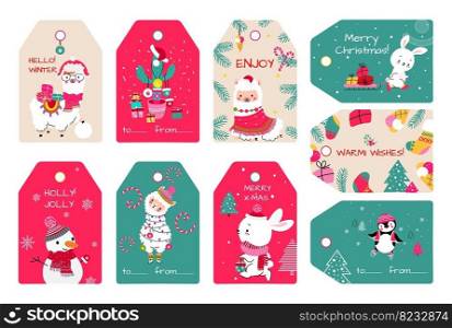 Christmas holiday tags with snowman, xmas llama and gifts. Winter stickers, present box labels for decor. New year nowaday decorative vector positive template of christmas tag holiday illustration. Christmas holiday tags with snowman, xmas llama and gifts. Winter stickers, present box labels for decor. New year nowaday decorative vector positive template