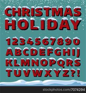 Christmas holiday vector font. Retro 3d letters with snow caps. Christmas font with snow and ice, abc and digit illustration. Christmas holiday vector font. Retro 3d letters with snow caps