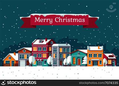 Christmas holiday vector greeting card with winter cityscape in snow. Christmas town building, cityscape winter illustration. Christmas holiday vector greeting card with winter cityscape in snow