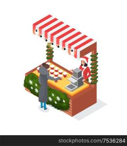Christmas holiday winter fair, street market shop vector. Seller wearing Santa Claus costume and hat, kiosk decorated with spruce pine, warm drinks. Christmas Holiday Winter Fair, Street Market Shop