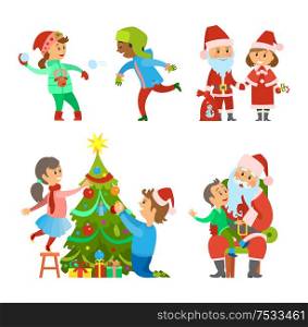 Christmas holiday winter fun of children outdoors vector. Snowball fight game, boy and girl playing game. Santa Claus with helper, decoration of tree. Christmas Holiday Winter Fun of Children Outdoors