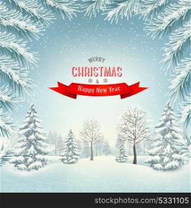 Christmas holiday winter landscape background. Vector.