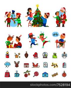 Christmas holiday winter preparation and isolated icons vector. Children unpacking presents, skating kids. Santa Claus and child, snowman character. Christmas Holiday Winter Preparation and Icons