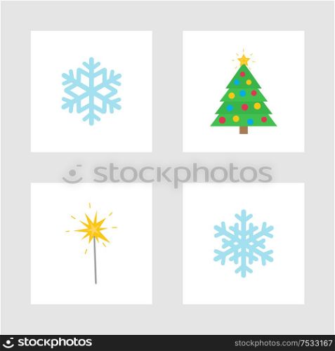 Christmas holiday winter symbols isolated icons vector. Snowflake ornament, bengal lights sign and pine tree decorated with toys ad baubles, garlands. Christmas Holiday Winter Symbols Isolated Icons