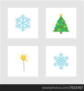Christmas holiday winter symbols isolated icons vector. Snowflake ornament, bengal lights sign and pine tree decorated with toys ad baubles, garlands. Christmas Holiday Winter Symbols Isolated Icons