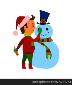 Christmas holiday, winter vacations of boy, kid holding carrot to build snowman vector. Mistletoe on hat of snow character, wearing knitted scarf. Christmas Holiday, Vacations of Boy with Snowman