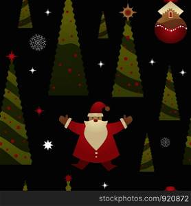 Christmas holiday, xmas seamless pattern with winter characters isolated on black background vector. Santa Claus and reindeer, presents in decorated boxes and evergreen spruce. Fir with star on top. Christmas holiday, xmas seamless pattern with winter characters isolated on black background vector.