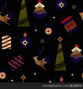 Christmas holiday, xmas seamless pattern with winter characters isolated on black background vector. Santa Claus and reindeer, presents in decorated boxes and evergreen spruce. Fir with star on top. Christmas holiday, xmas seamless pattern with winter characters isolated on black background vector.