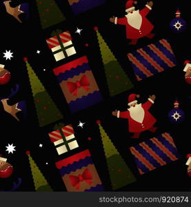Christmas holiday, xmas seamless pattern with winter characters isolated on black background vector. Santa Claus and reindeer, presents in decorated boxes and evergreen spruce. Fir with star on top. Christmas holiday, xmas seamless pattern with winter characters