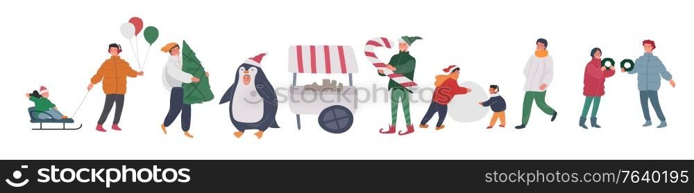 Christmas holidayfair with people and elf, penguin and snowman. New Year greeting cards with snow. Winter festive Vector cartoon illustration. Christmas holiday people with Santa, elf, penguin and snowman. New Year greeting cards with snow. Winter festive Vector cartoon