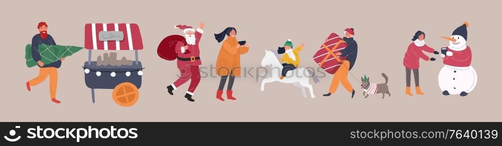 Christmas holidayfair with people and Santa, elf, penguin and snowman. New Year greeting cards with snow. Winter festive Vector cartoon illustration. Christmas holiday people with Santa, elf, penguin and snowman. New Year greeting cards with snow. Winter festive Vector cartoon
