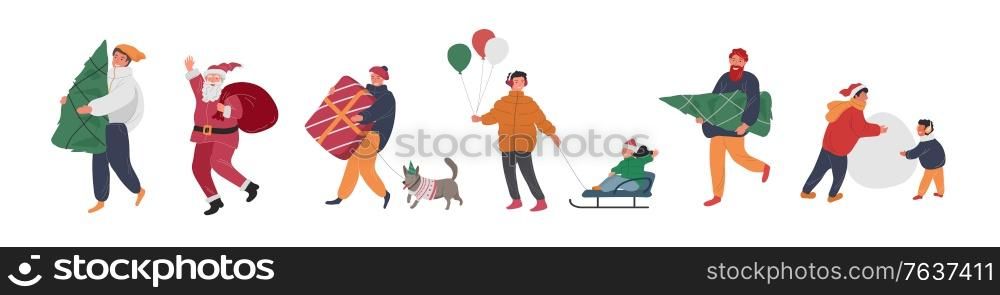 Christmas holidayfair with people and Santa, penguin and snowman. New Year greeting cards with snow. Winter festive Vector cartoon illustration. Christmas holiday people with Santa, elf, penguin and snowman. New Year greeting cards with snow. Winter festive Vector cartoon