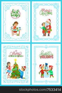 Christmas holidays activities girl making greeting card, boy tells wishes to Santa Claus, children decorating Xmas tree and playing with snowman, vector. Christmas Holidays Activities Greeting Cards Set