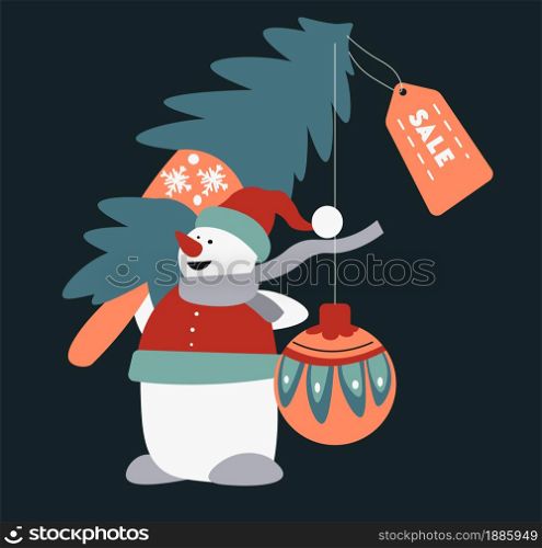 Christmas holidays celebration and winter seasonal sale. Snowman bought pine tree with discount. New year symbolical conifer with decorative bauble. Santa claus clothing on character, vector. Snowflake wearing santa hat selling pine trees for christmas