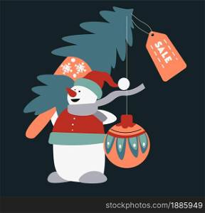 Christmas holidays celebration and winter seasonal sale. Snowman bought pine tree with discount. New year symbolical conifer with decorative bauble. Santa claus clothing on character, vector. Snowflake wearing santa hat selling pine trees for christmas