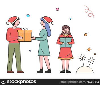 Christmas holidays celebration of family vector. Man and woman exchanging presents on winter xmas. Kid holding giftbox. Daughter with parents wearing santa hat. Minimal line flat style illustration. Family Exchanging Gifts on Christmas Holidays