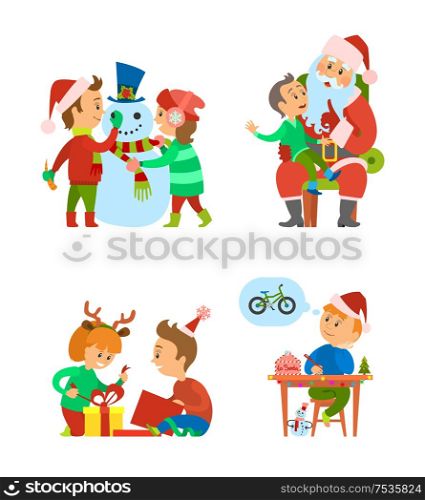 Christmas holidays celebration of winter event vector. Boy making wish on Santa Claus laps, kid writing letter. Children building snowman open gifts. Christmas Holidays and Celebration of Winter Event