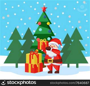 Christmas holidays celebration, Santa Claus in winter pine tree forest with presents. Gifts form Saint Nicholas on special occasion. Xmas spruce with garlands and snowfall in woods flat style vector. Christmas Holidays Santa Claus with Xmas Presents