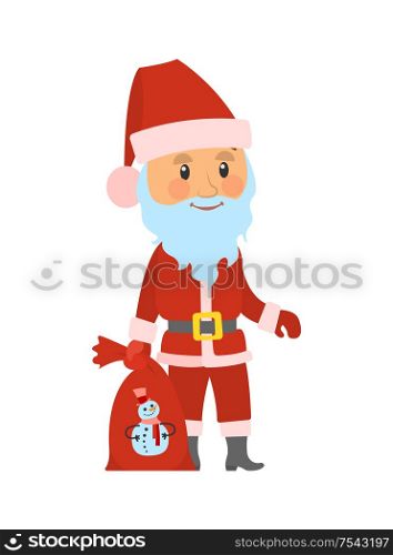Christmas holidays character Santa Claus closeup vector. Elderly man holding sack with snowman print, bag with presents and gifts for good children. Christmas Holidays Character Santa Claus Closeup