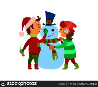 Christmas holidays children building snowman vector. Boy in Santa Claus hat holding carrot nose of winter character. Girl putting scarf on man of snow. Christmas Holidays, Children Building Snowman