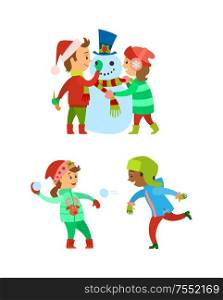 Christmas holidays, children building snowman vector. Snowball fight, winter game played by kids, wearing warm clothes. Fun of boy and girl child. Christmas Holidays, Children Building Snowman