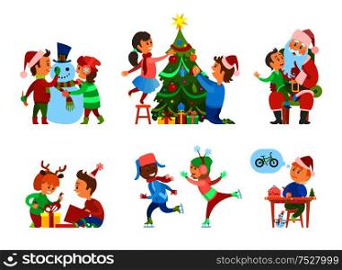 Christmas holidays, children hobbies and pastime vector. Child building snowman, decorating pine tree and skating on ice rink. Wish to Santa Claus. Christmas Holidays, Children Hobbies and Pastime