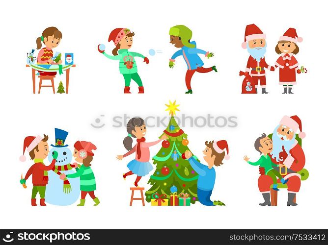Christmas holidays, children on vacations set vector. Boy and girl skating on rink, father and daughter decorating evergreen tree with baubles toys. Christmas Holidays, Children on Vacations Set