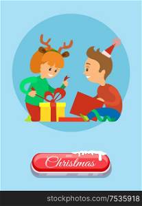 Christmas holidays, children opening presents vector. Boy and girl unpacking gifts, smiling children unwrapping packages with surprises, vector web page on blue. Christmas Holidays Children Opening Present Vector
