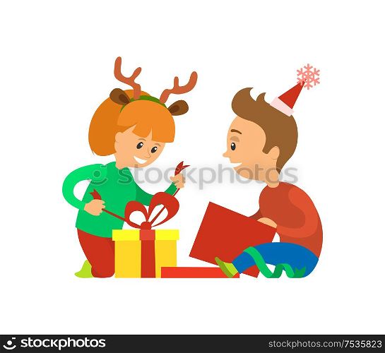 Christmas holidays, children opening presents vector. Girl wearing reindeer horns accessories removes ribbon package decorated bow. Gifts on winter. Christmas Holidays, Children Opening Presents